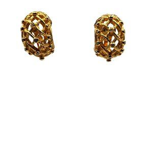 Christian Dior Signed Rhinestone Encrusted Gold Plated Clip Chunky Earrings 1.5"